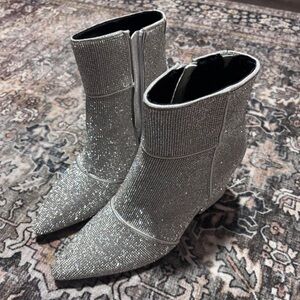 Crystal Rhinestone Pointed Ankle Boots - Silver